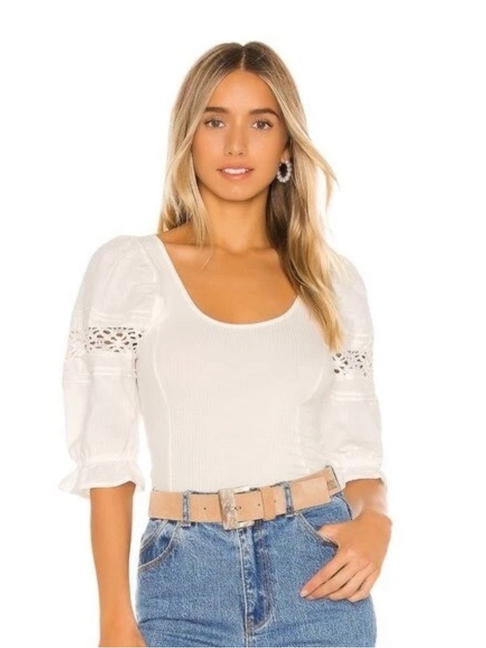 Free People White Puff Sleeve Crochet Inset Top